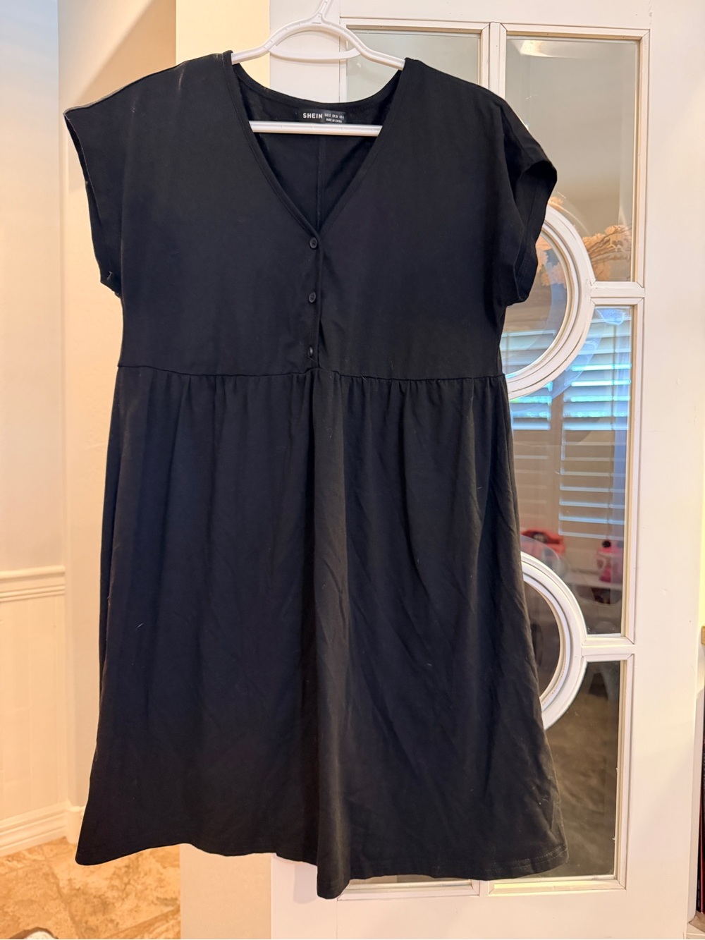 SHEIN Black V-Neck Button Babydoll Tunic Dress